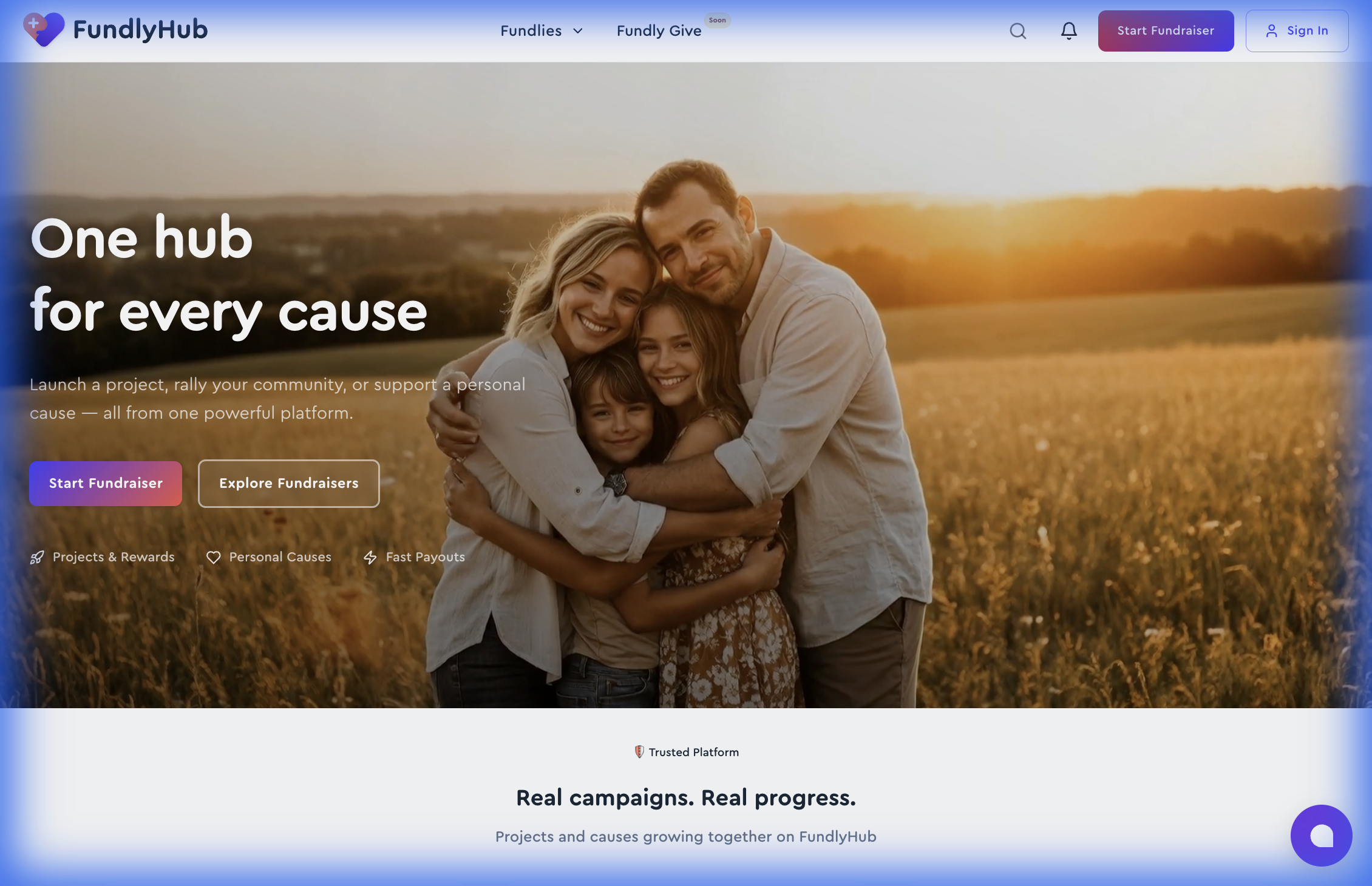 FundlyHub homepage showing the Start Fundraiser button