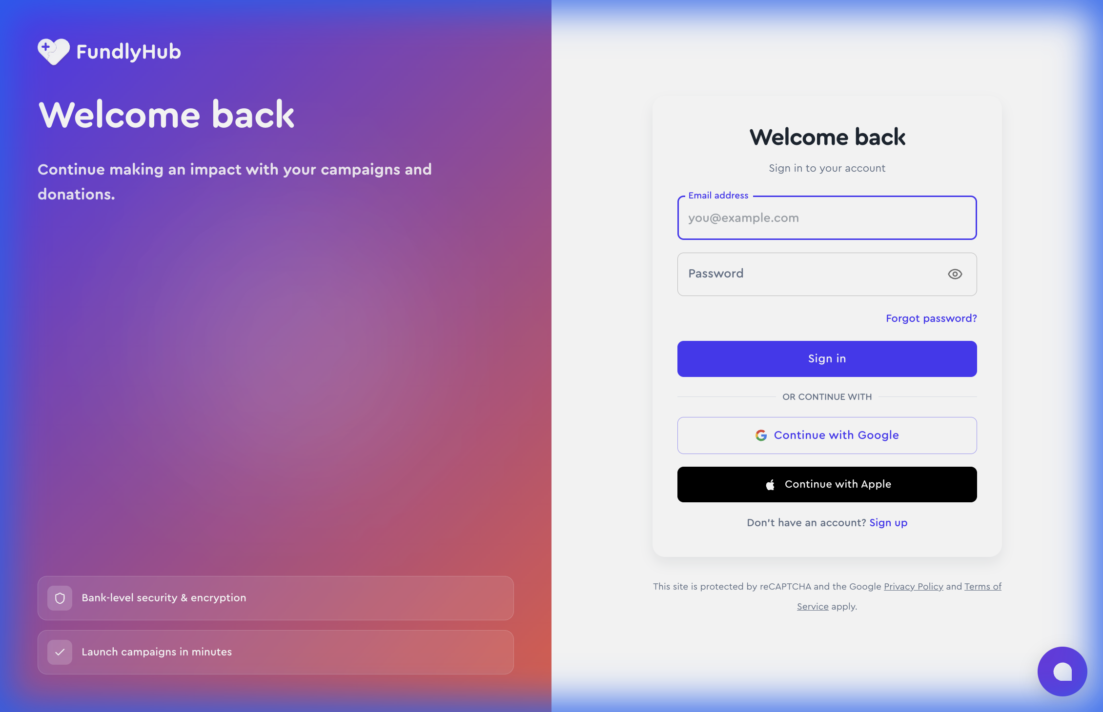 FundlyHub sign-in page with Google and Apple SSO options
